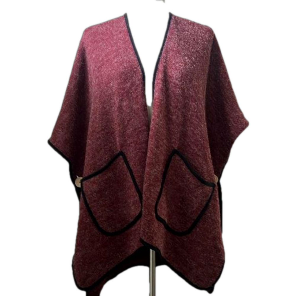 Janice Burgundy and Black‎ Trim w/ Wooden Button Poncho Sweater One Size